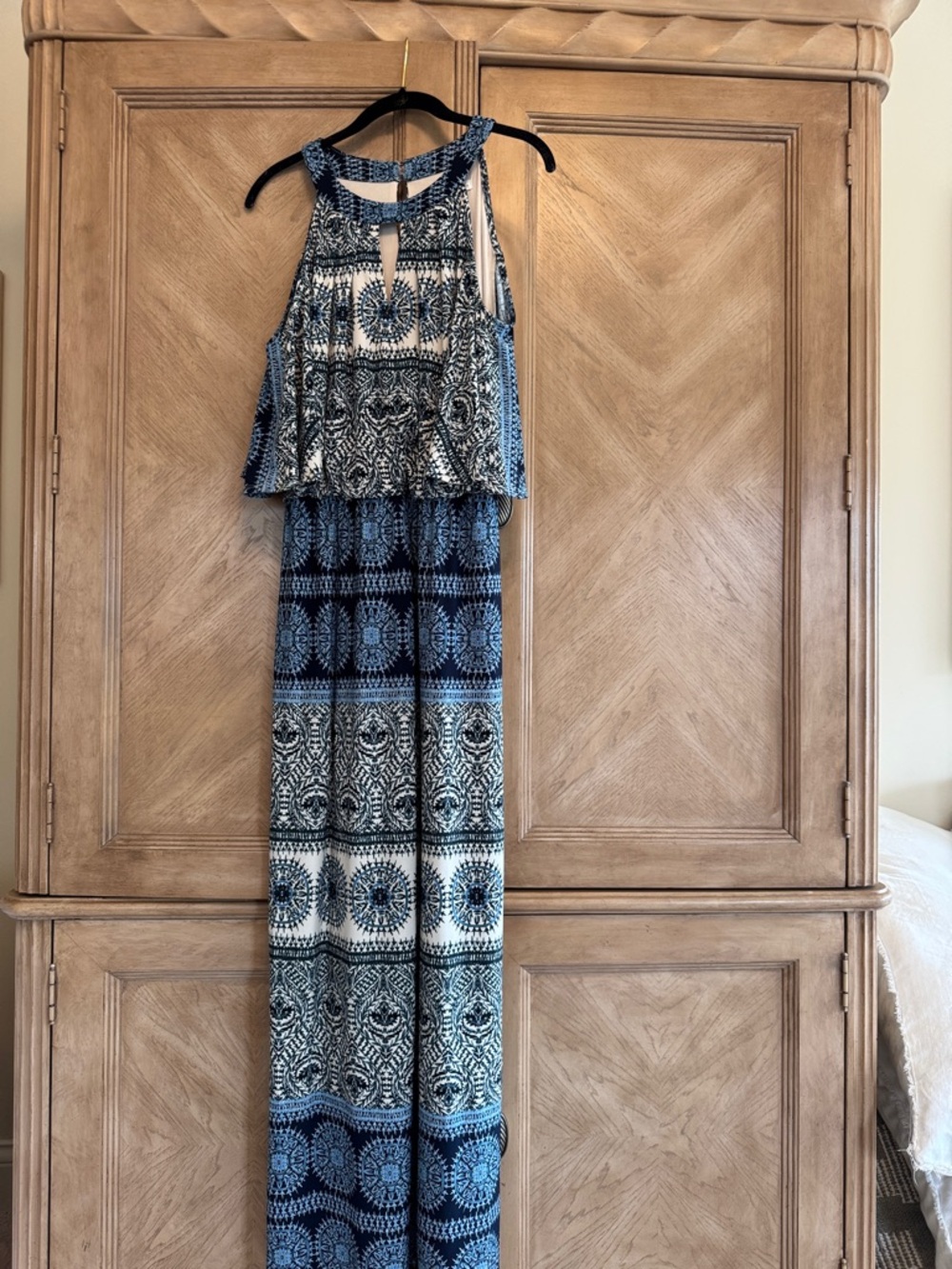 Blue and White Patterned cold shoulder maxi dress